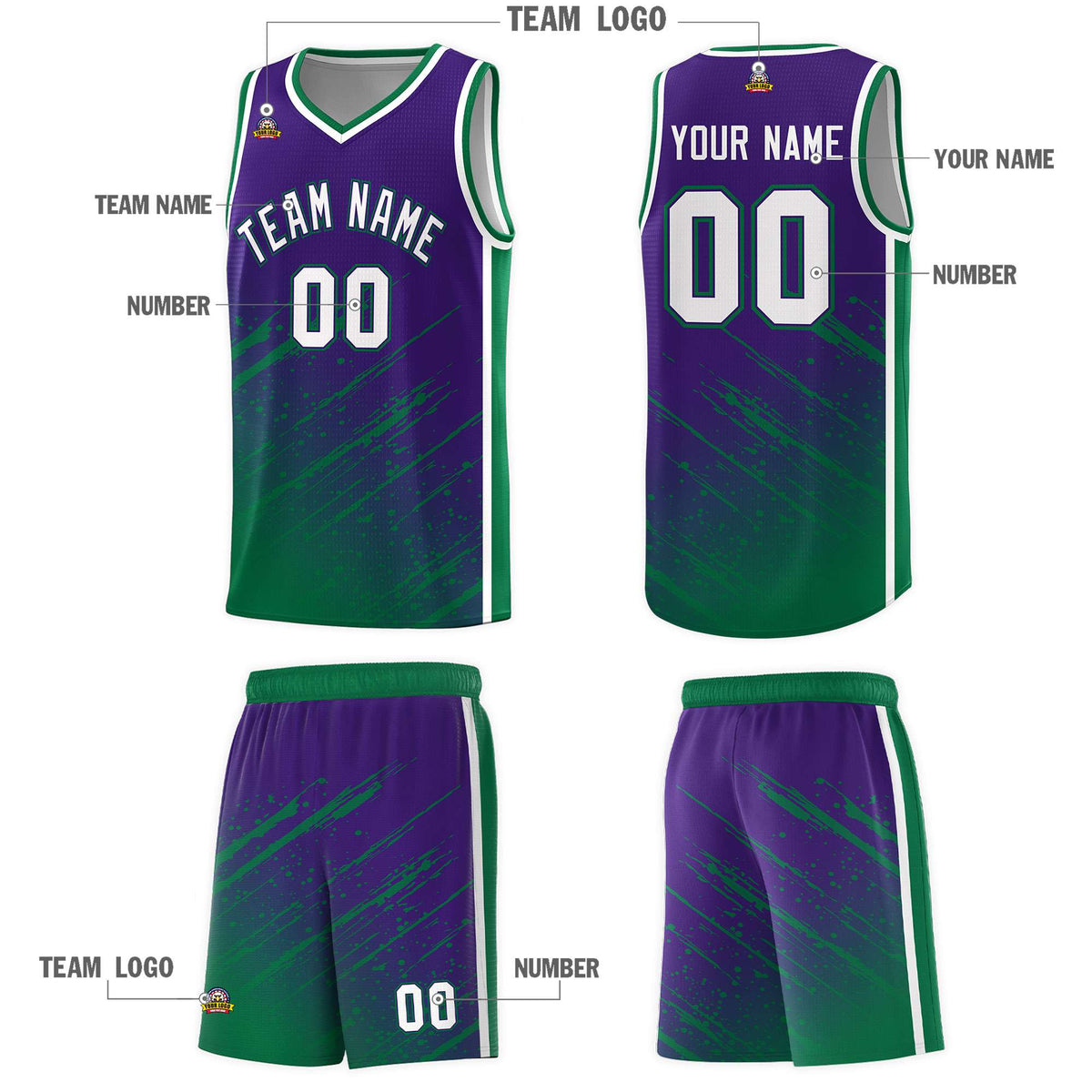 Custom Purple Basketball Kits With Kelly Green Paint Graffiti