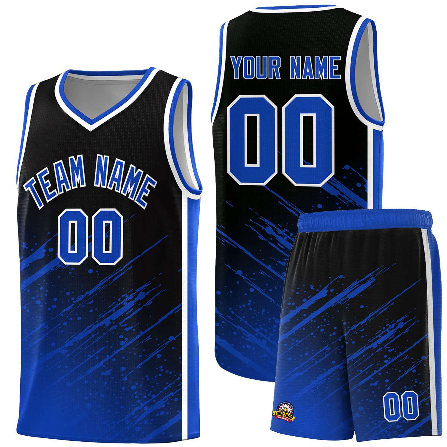 Custom Black Basketball Kits With Royal Paint Graffiti