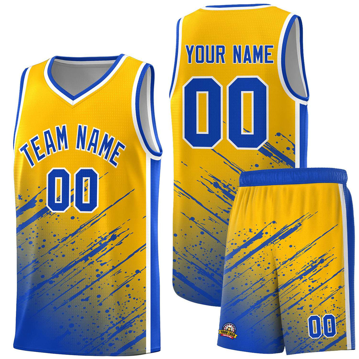 Custom Yellow Basketball Kits With Royal Paint Graffiti