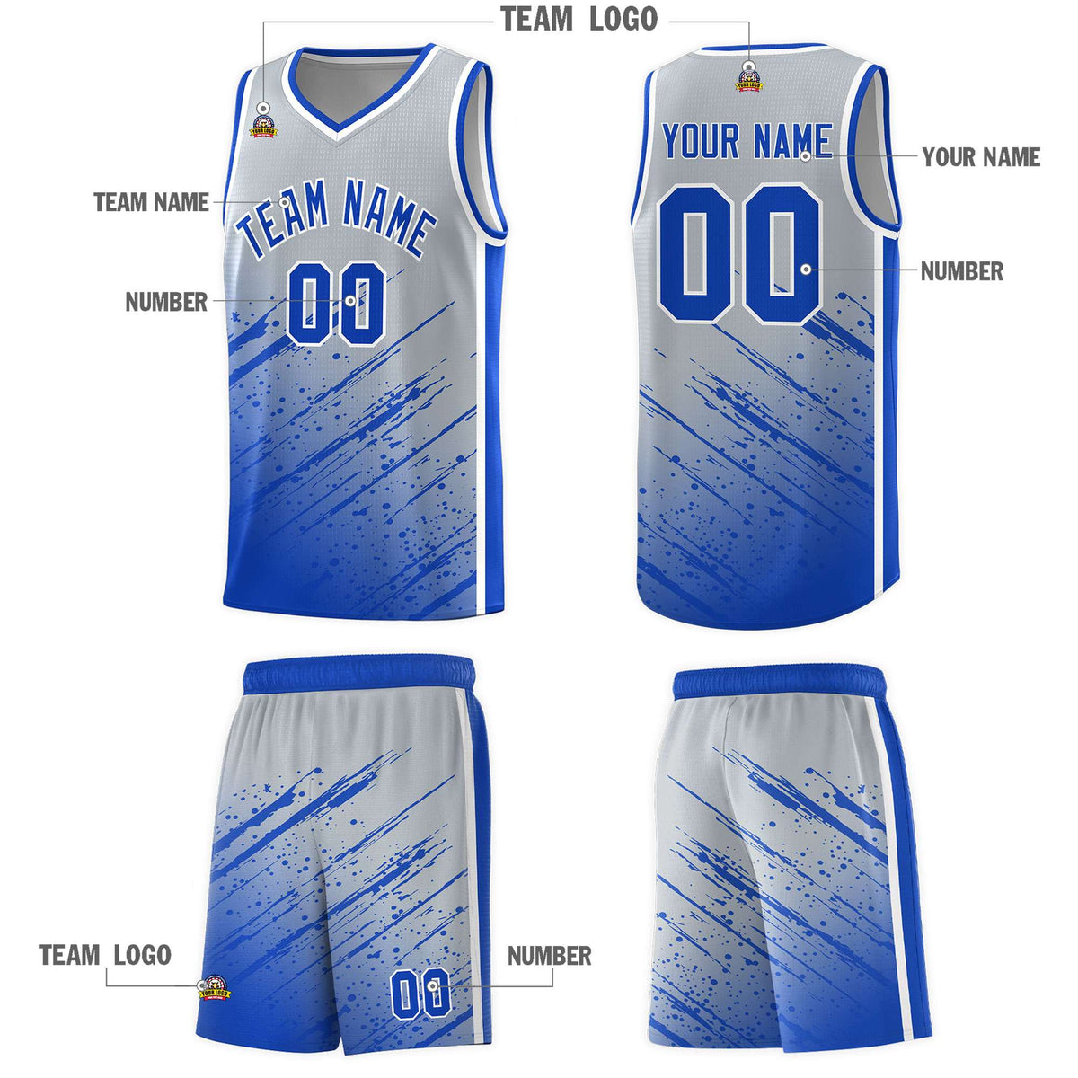 Custom Gray Basketball Kits With Royal Paint Graffiti