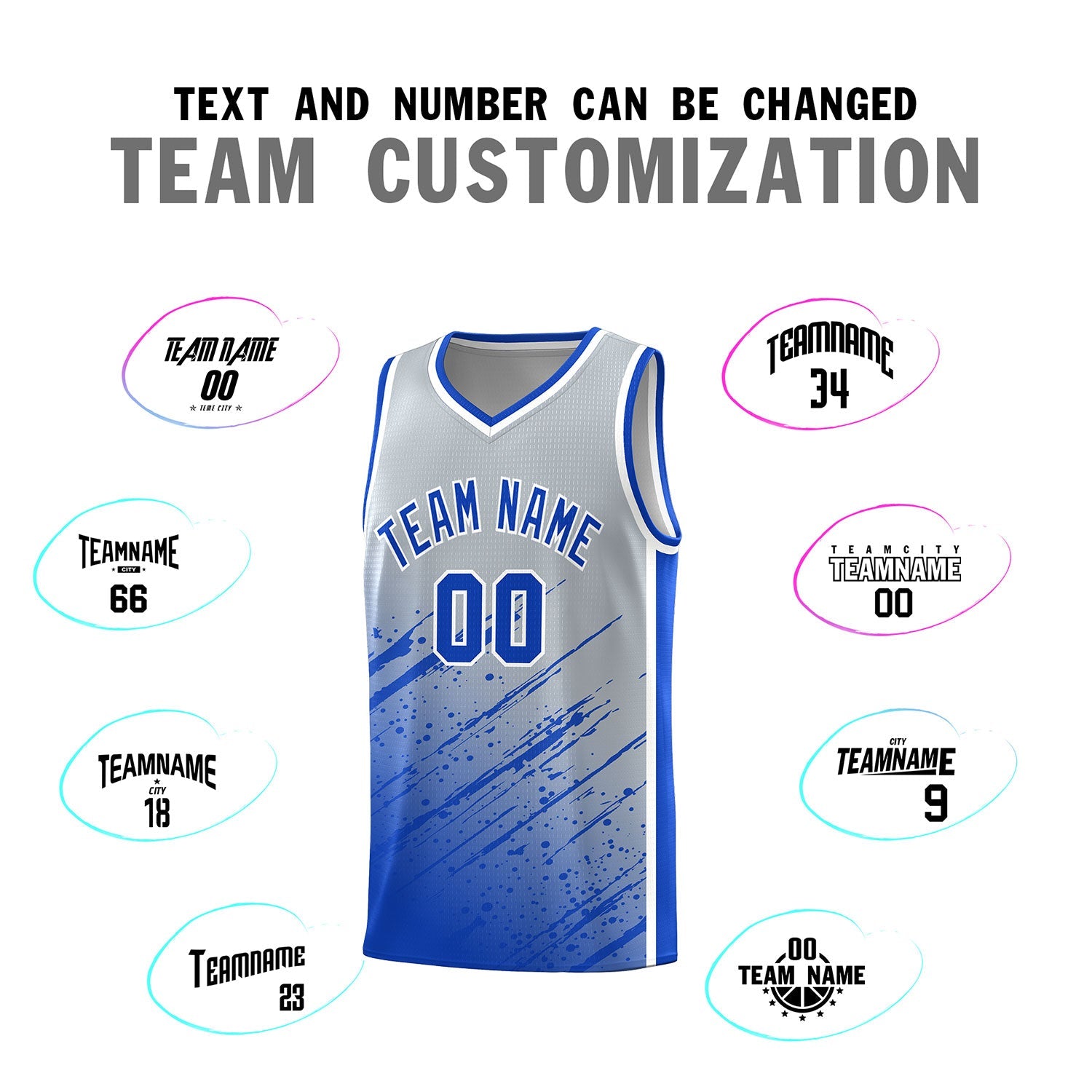 Custom Gray Basketball Kits With Royal Paint Graffiti