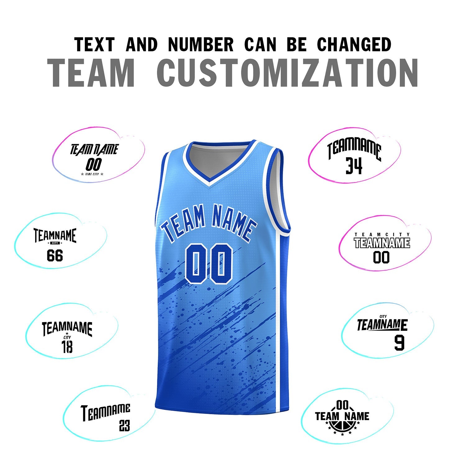 Custom Powder Blue Basketball Kits With Royal Paint Graffiti