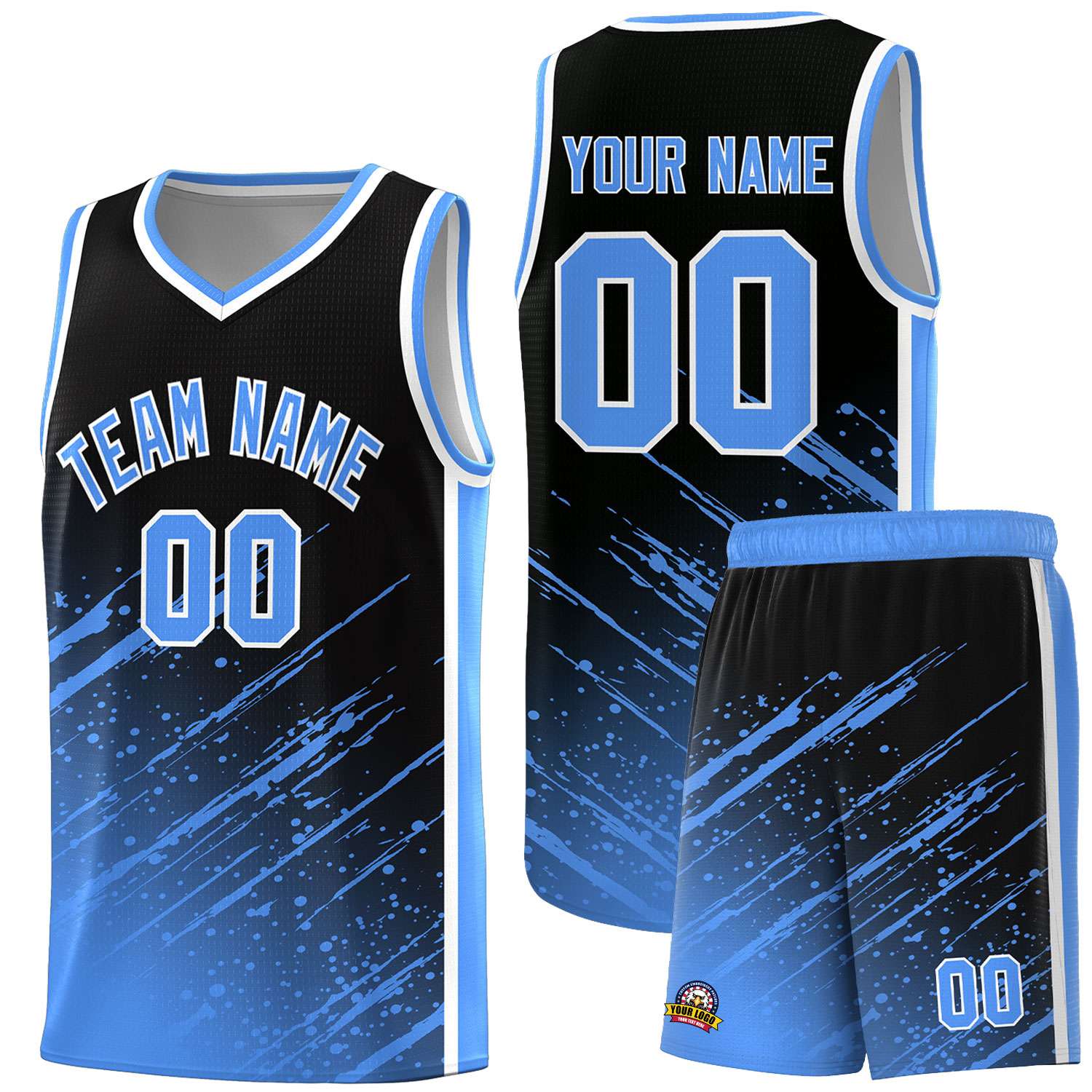 Custom Black Basketball Kits With Powder Blue Paint Graffiti