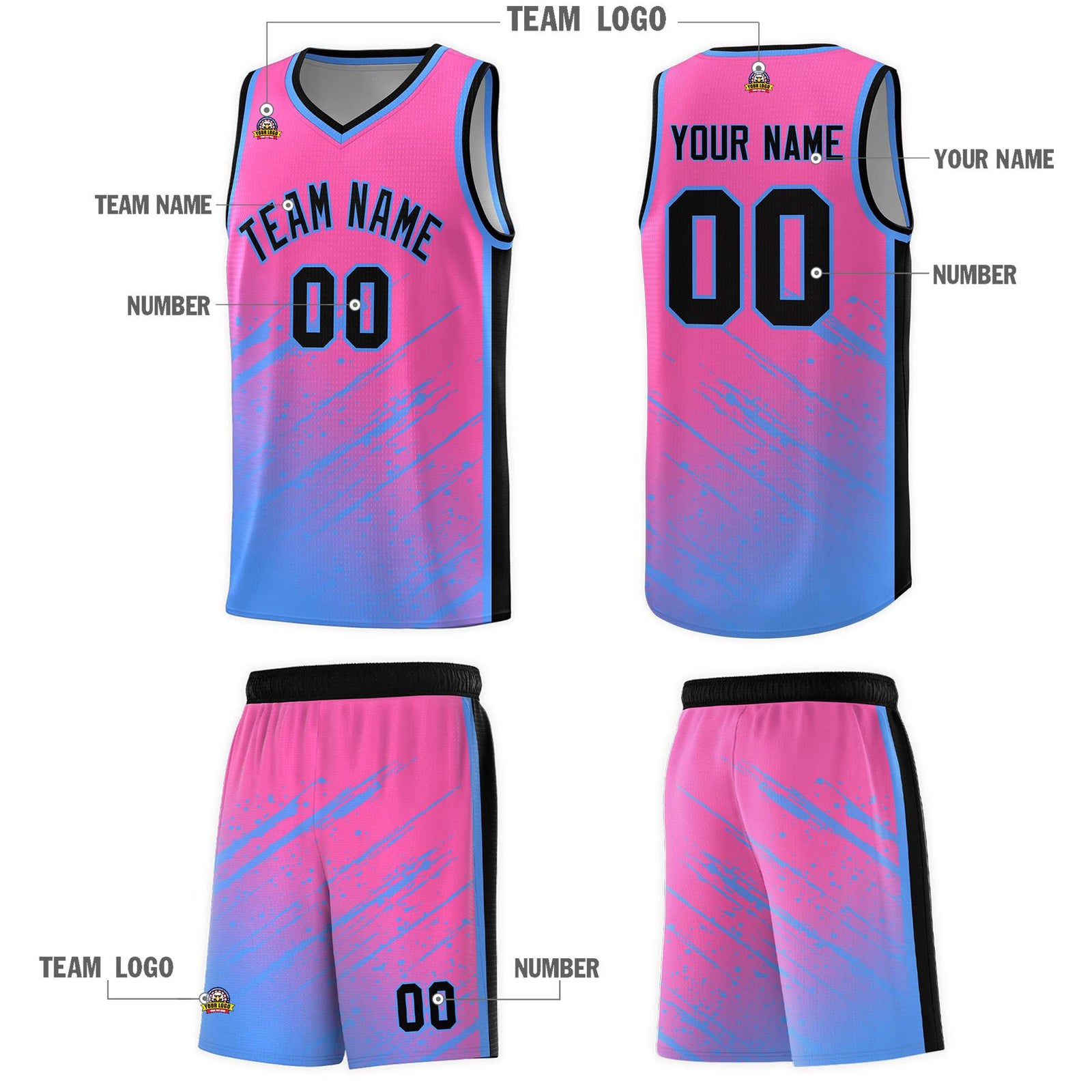 Custom Pink Basketball Kits With Powder Blue Paint Graffiti