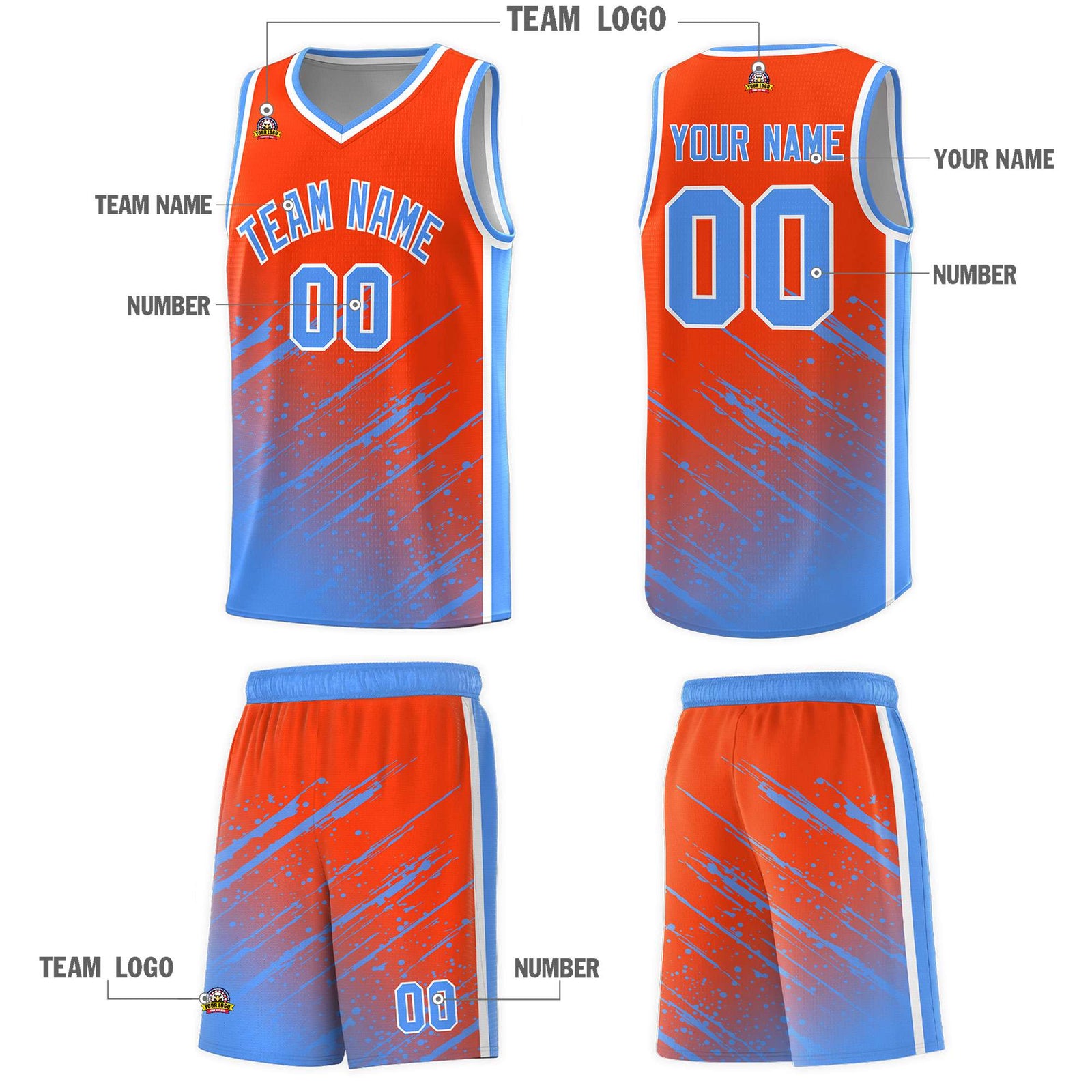 Custom Orange Basketball Kits With Powder Blue Paint Graffiti