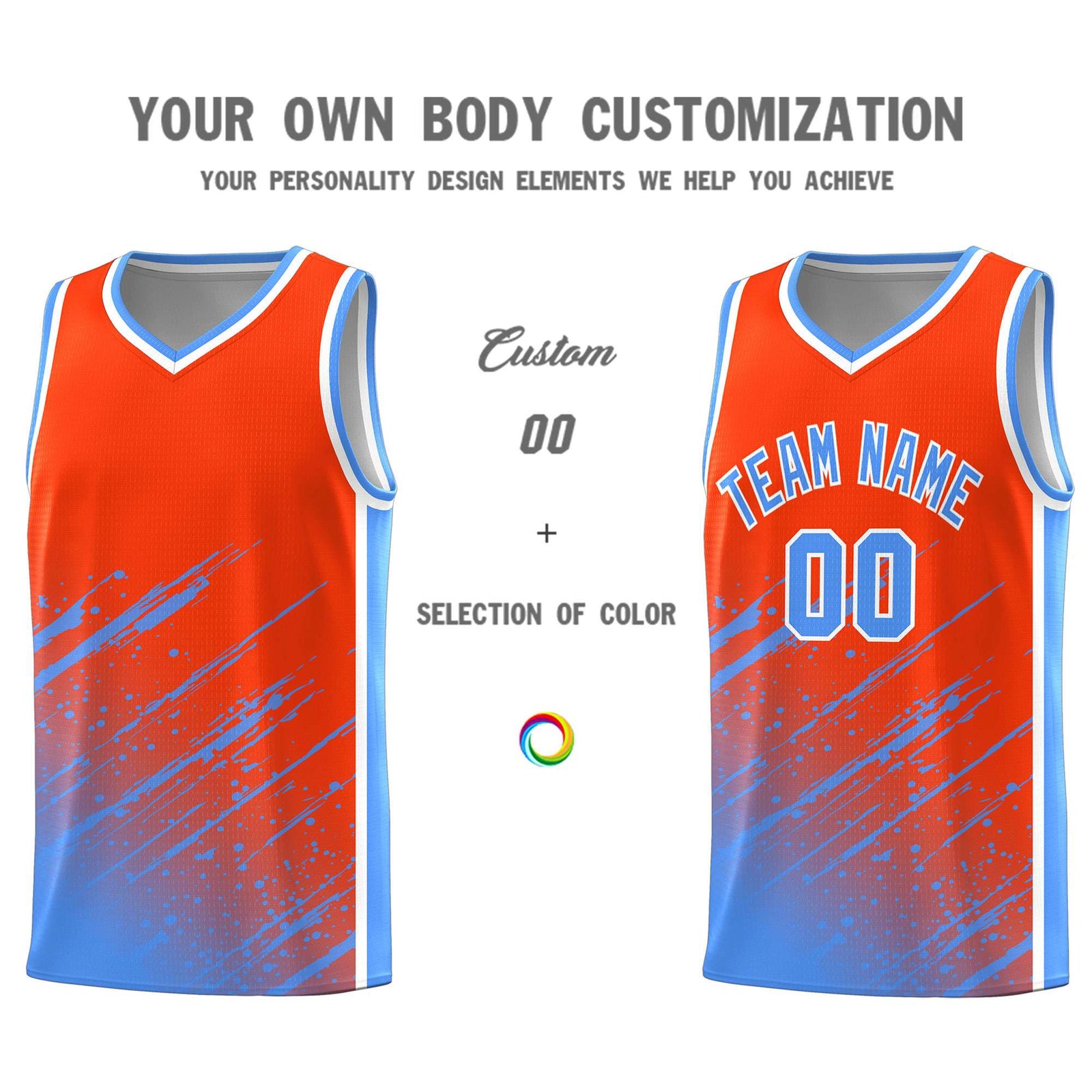 Custom Orange Basketball Kits With Powder Blue Paint Graffiti
