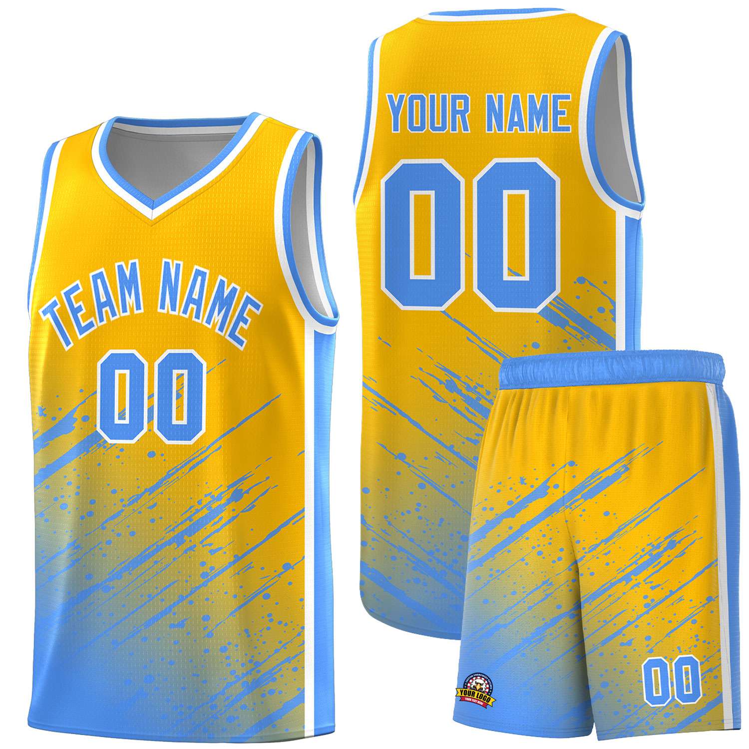 Custom Yellow Basketball Kits With Powder Blue Paint Graffiti