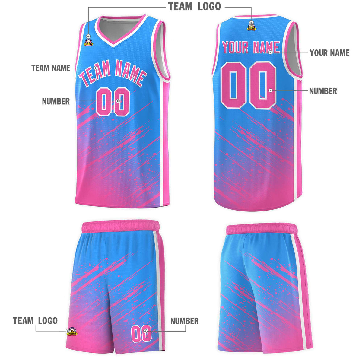 Custom Powder Blue Basketball Kits With Pink Paint Graffiti