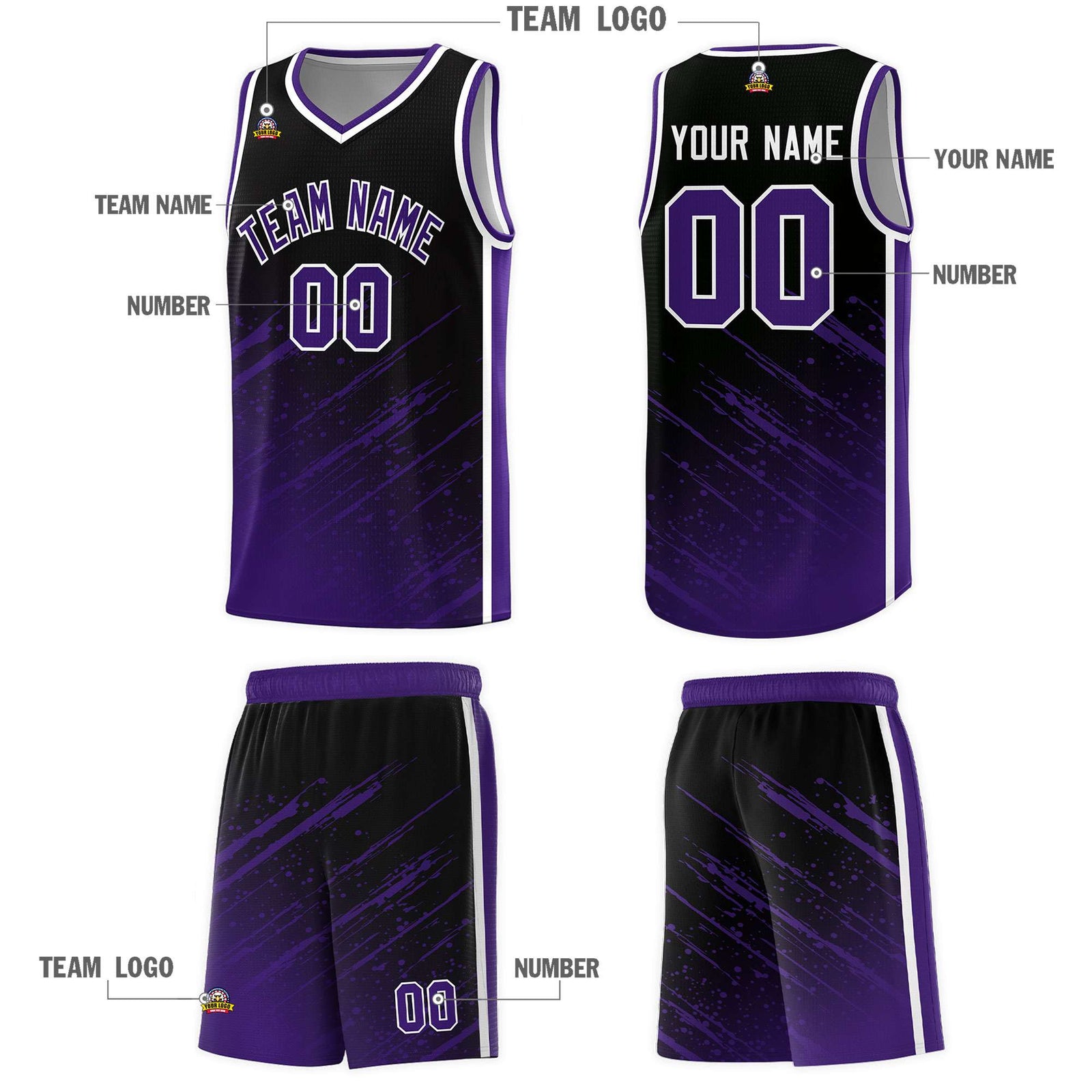 Custom Black Basketball Kits With Purple Paint Graffiti