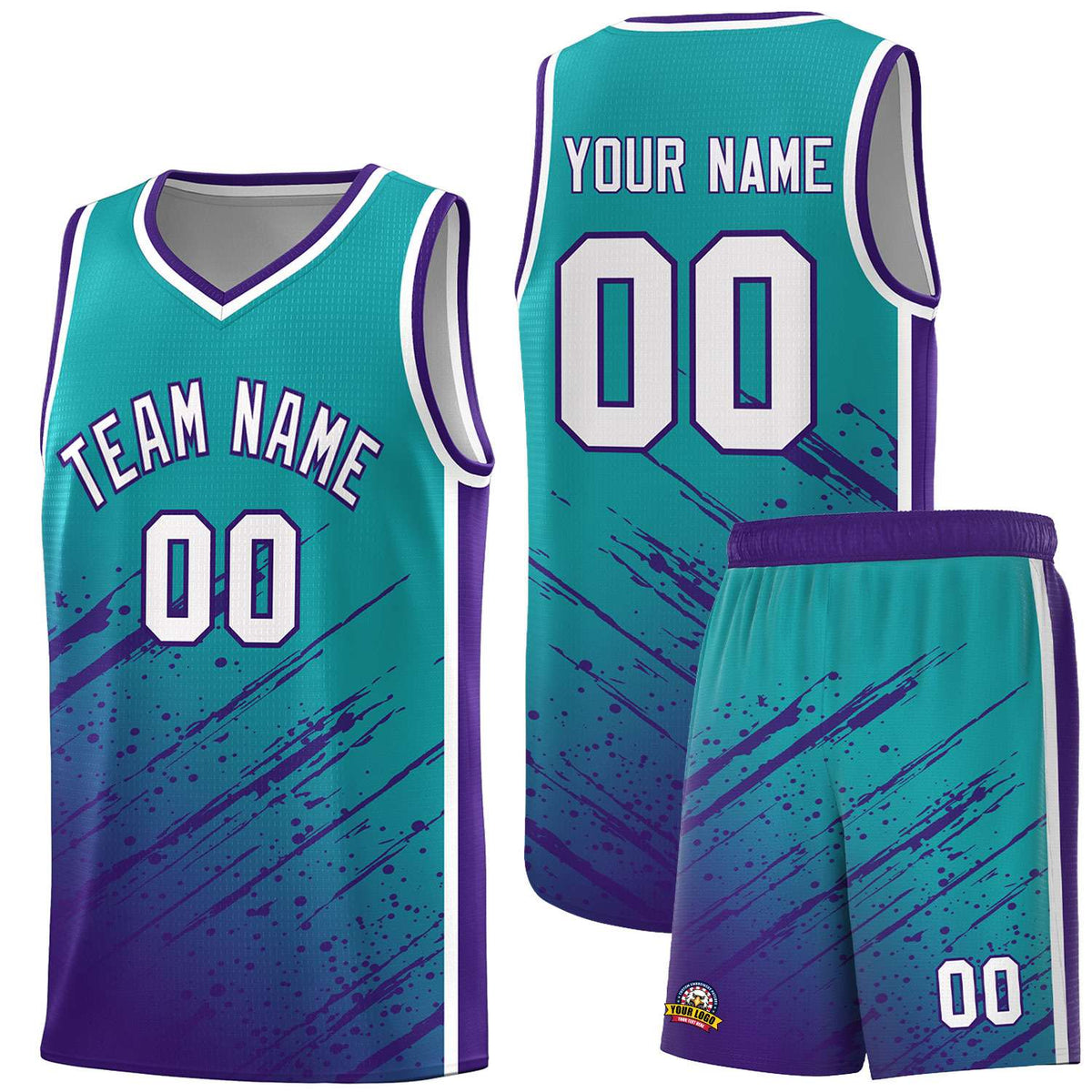 Custom Aqua Basketball Kits With Purple Paint Graffiti
