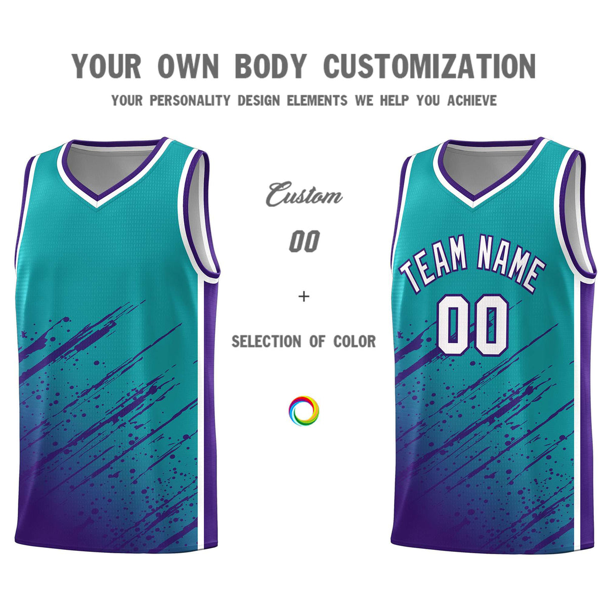 Custom Aqua Basketball Kits With Purple Paint Graffiti