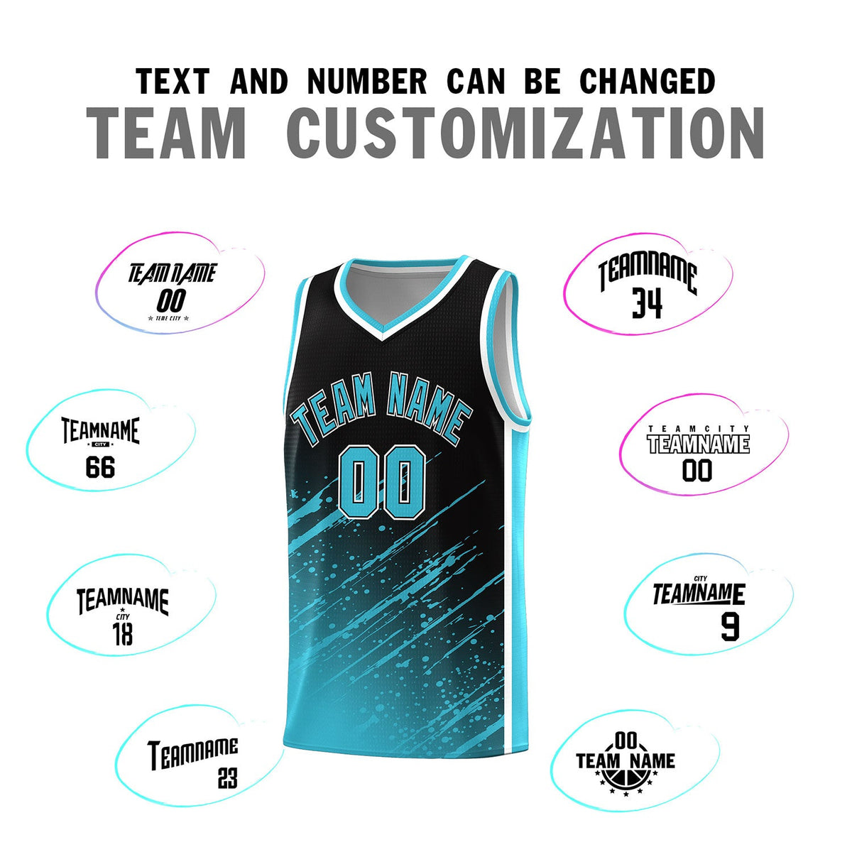 Custom Black Basketball Kits With Sky Blue Paint Graffiti