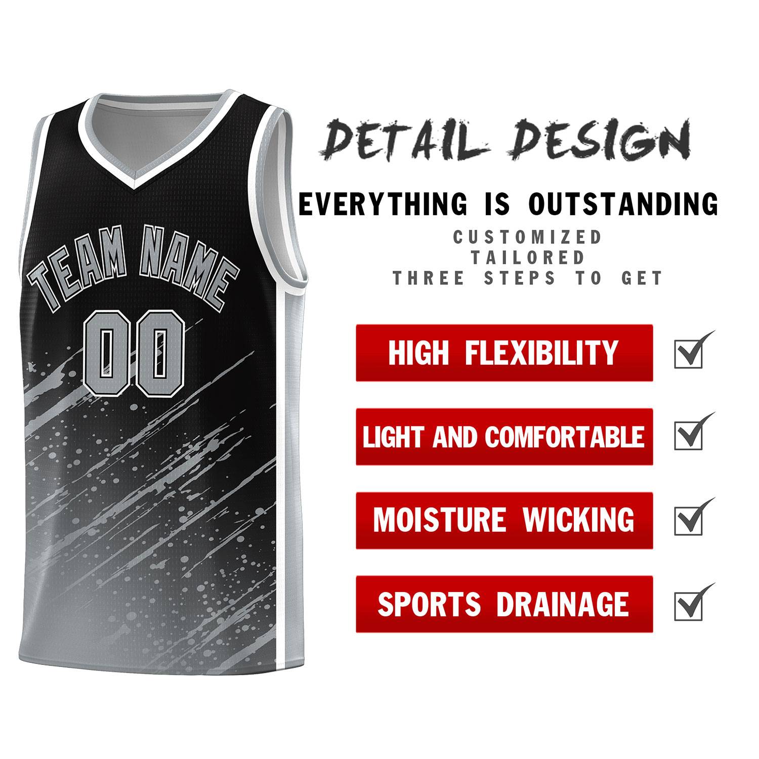 Custom Black Basketball Kits With Gray Paint Graffiti
