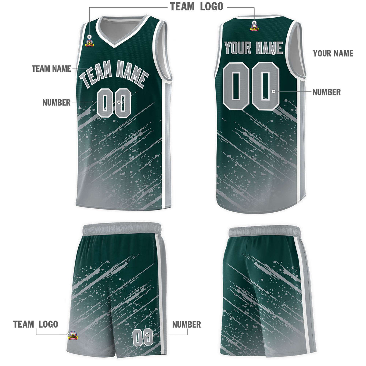 Custom Midnight Green Basketball Kits With Gray Paint Graffiti