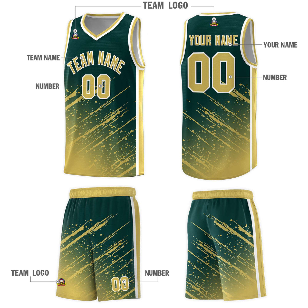 Custom Midnight Green Basketball Kits With Khaki Paint Graffiti