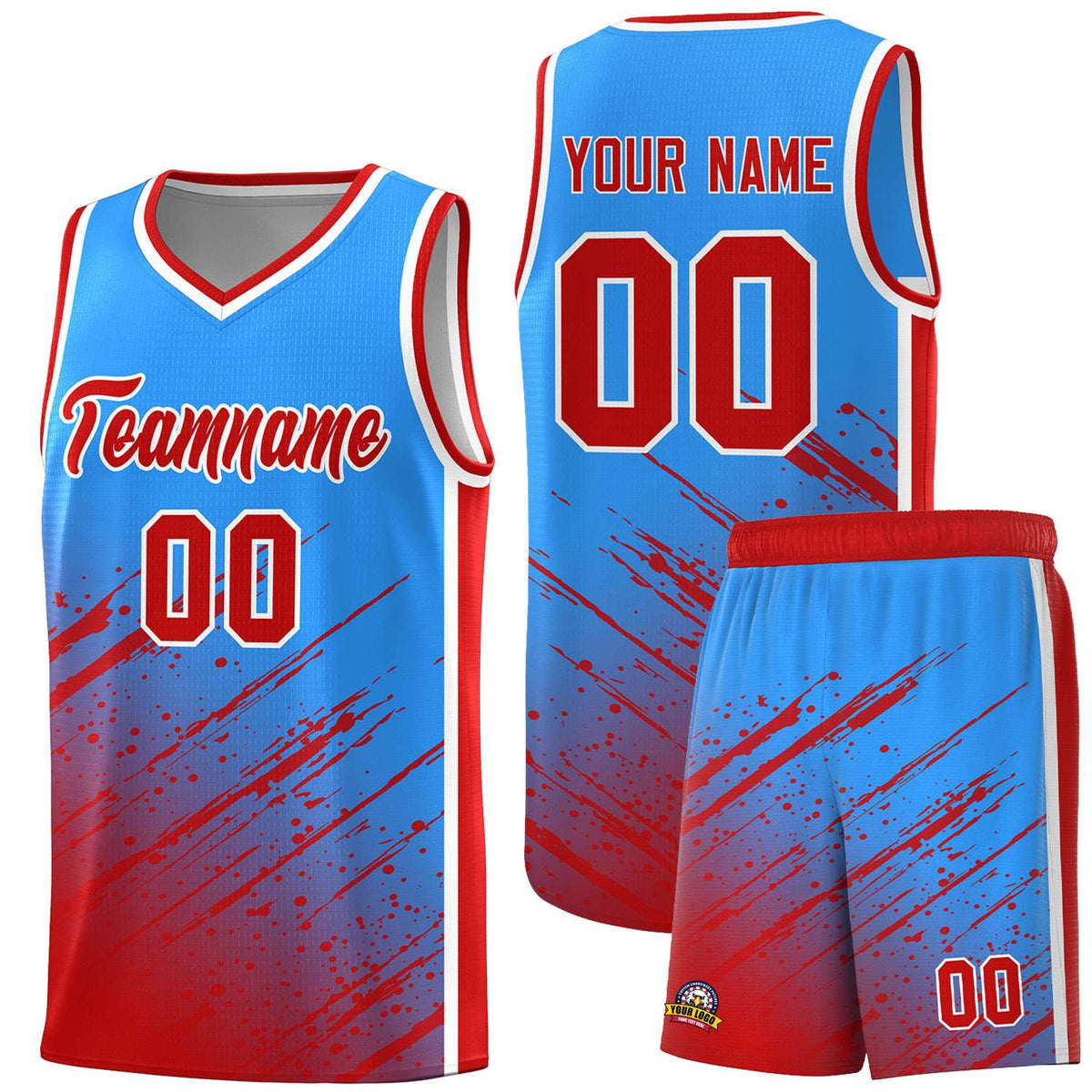 Custom Powder Blue Basketball Kits With Red Paint Graffiti