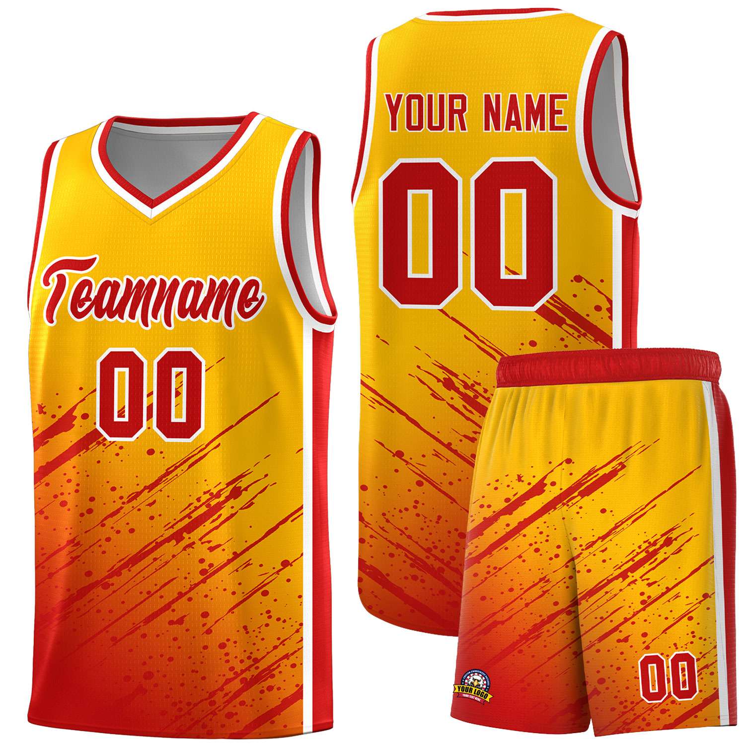 Custom Yellow Basketball Kits With Red Paint Graffiti