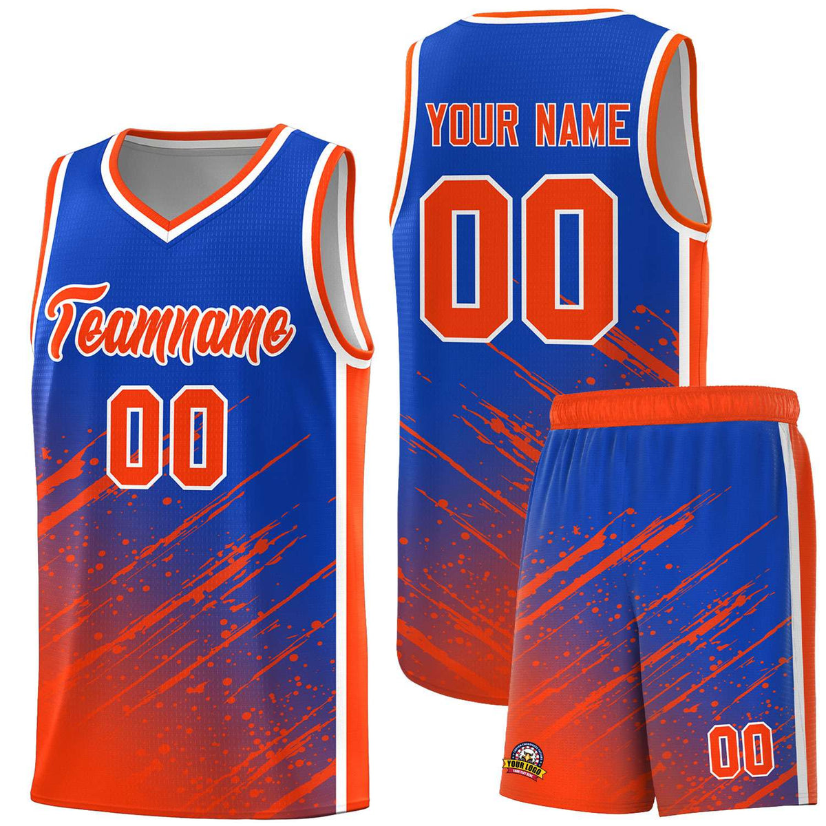 Custom Royal Basketball Kits With Orange Paint Graffiti