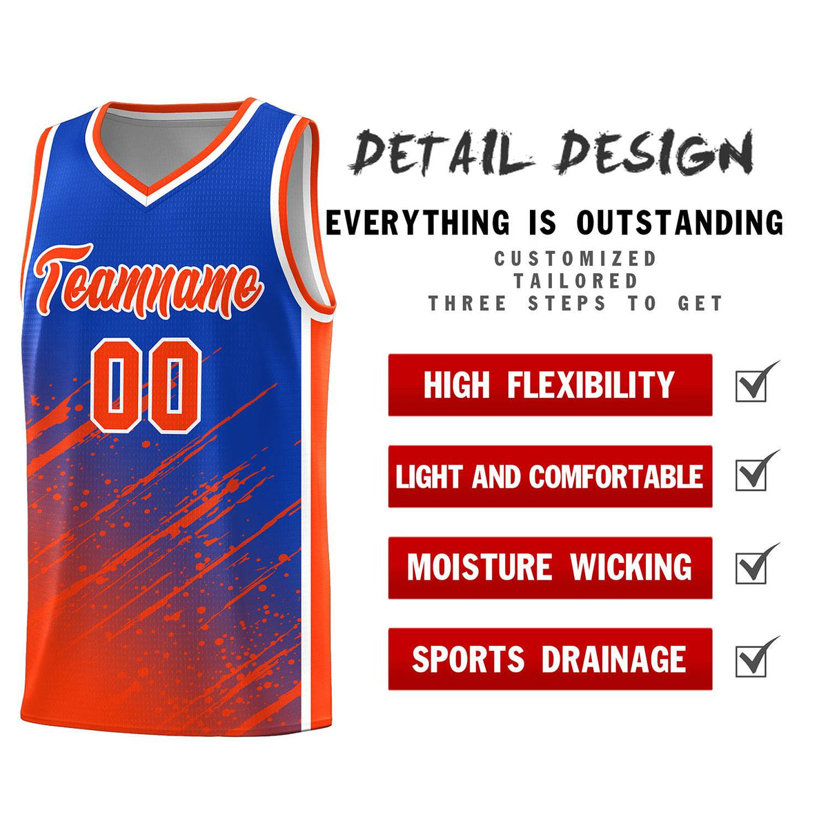 Custom Royal Basketball Kits With Orange Paint Graffiti