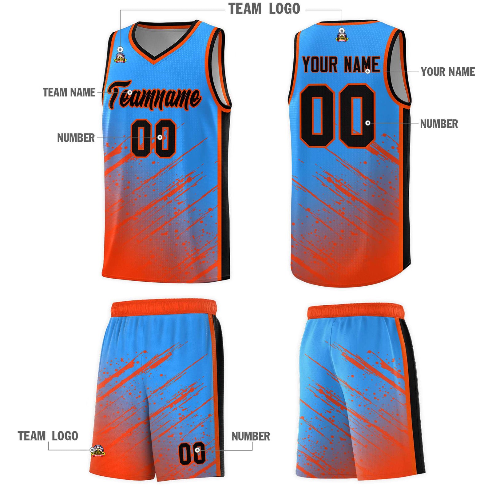 Custom Powder Blue Basketball Kits With Orange Paint Graffiti