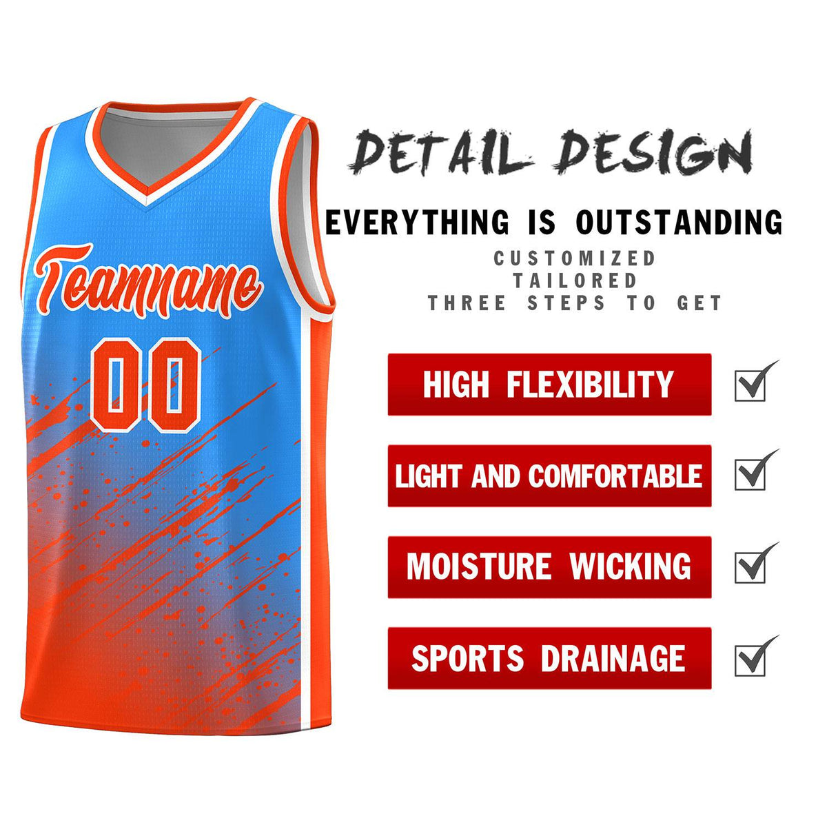 Custom Powder Blue Basketball Kits With Orange Paint Graffiti