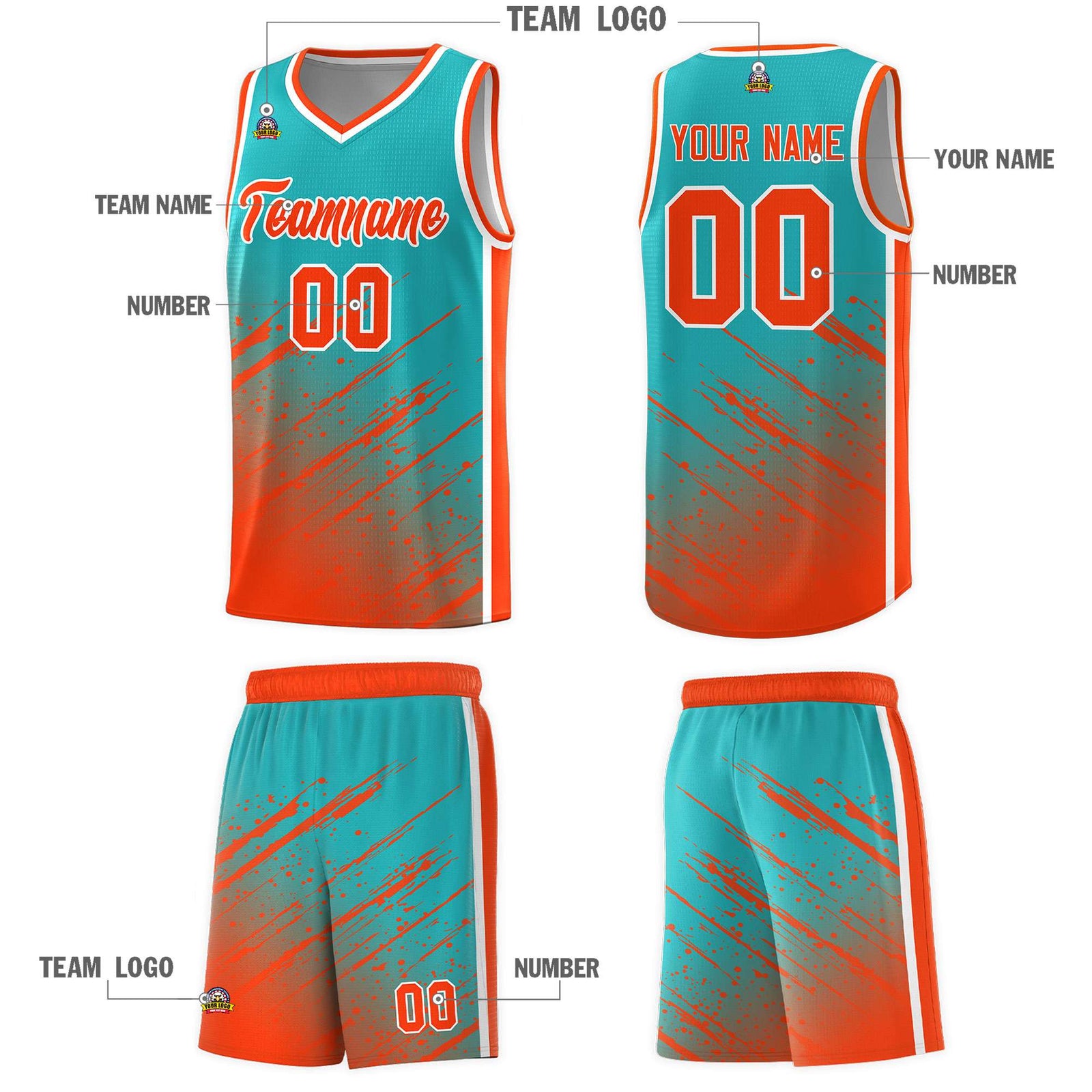 Custom Aqua Basketball Kits With Orange Paint Graffiti