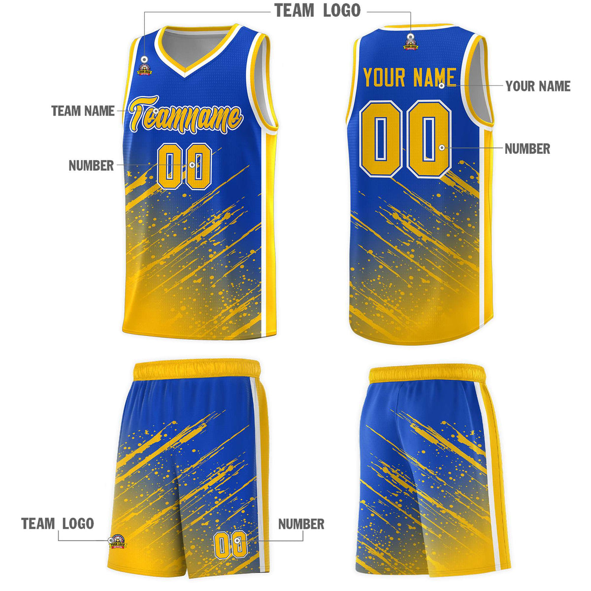 Custom Royal Basketball Kits With Yellow Paint Graffiti