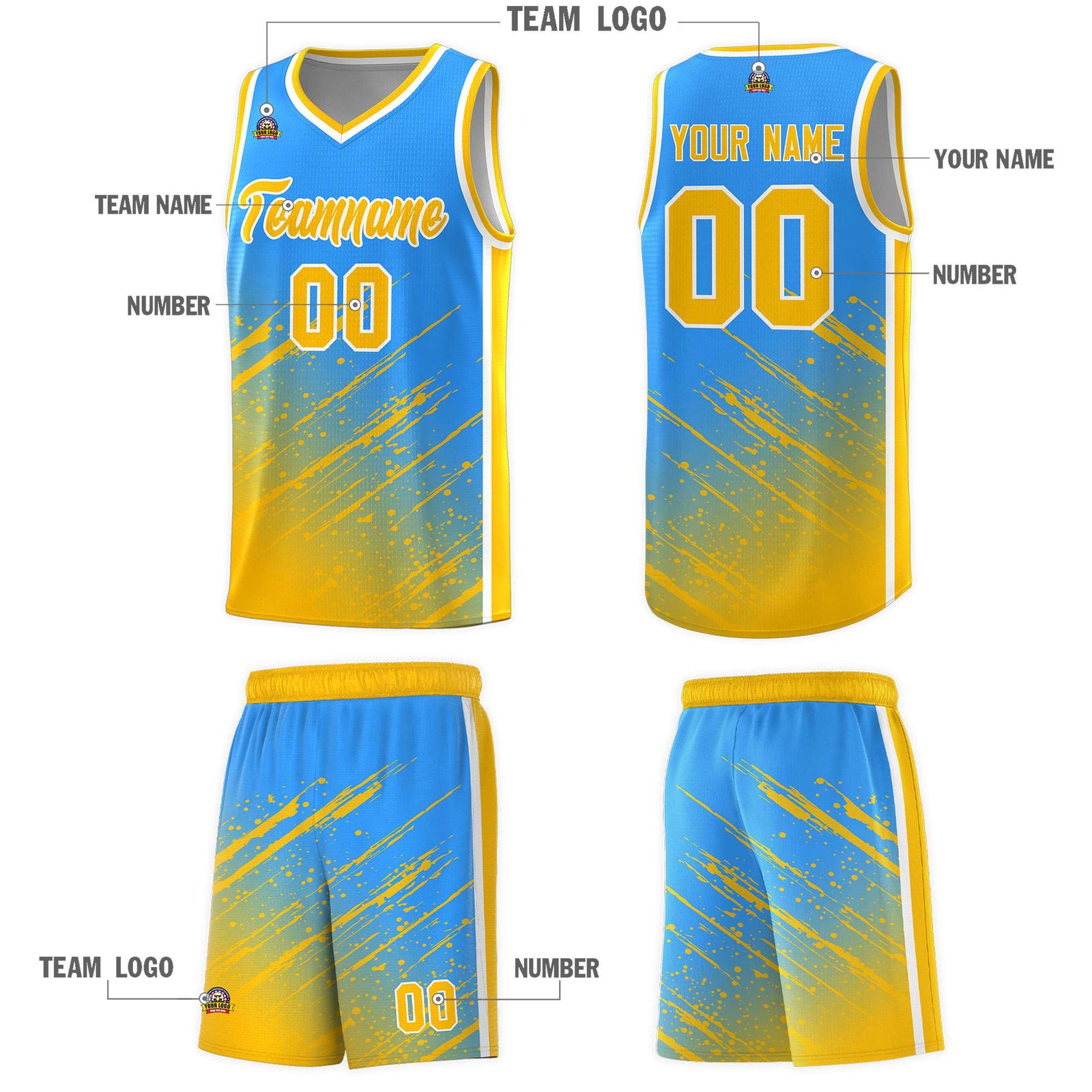 Custom Powder Blue Basketball Kits With Yellow Paint Graffiti