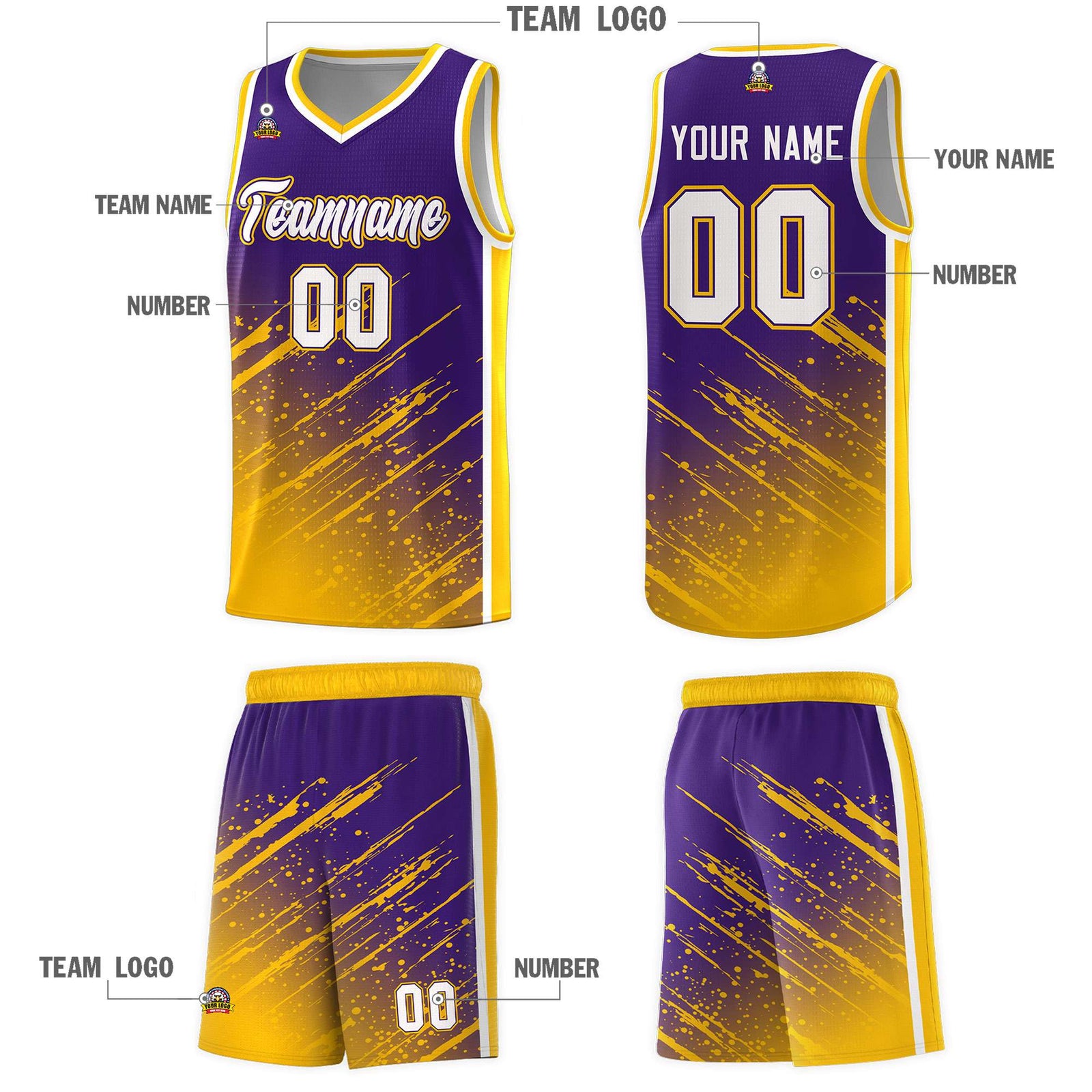 Custom Purple Basketball Kits With Yellow Paint Graffiti