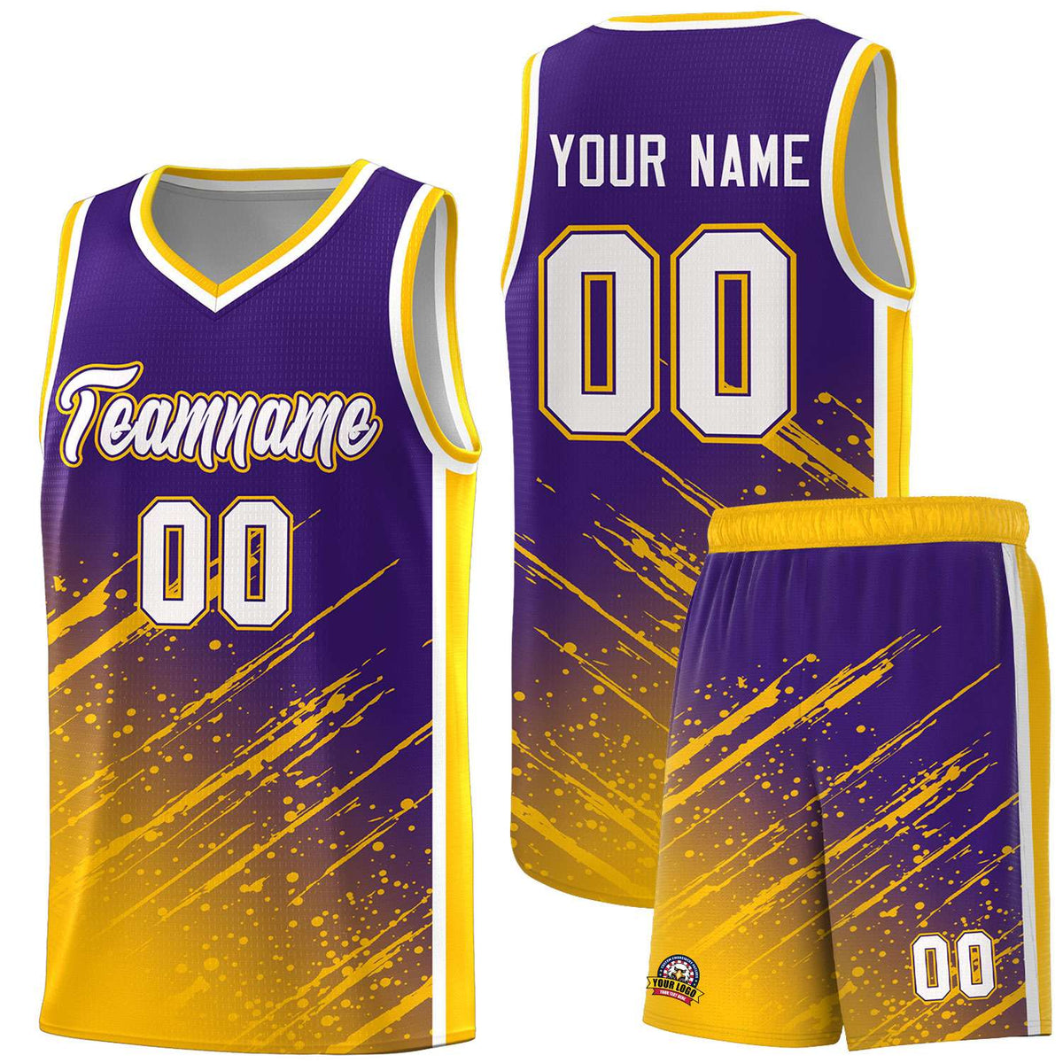 Custom Purple Basketball Kits With Yellow Paint Graffiti