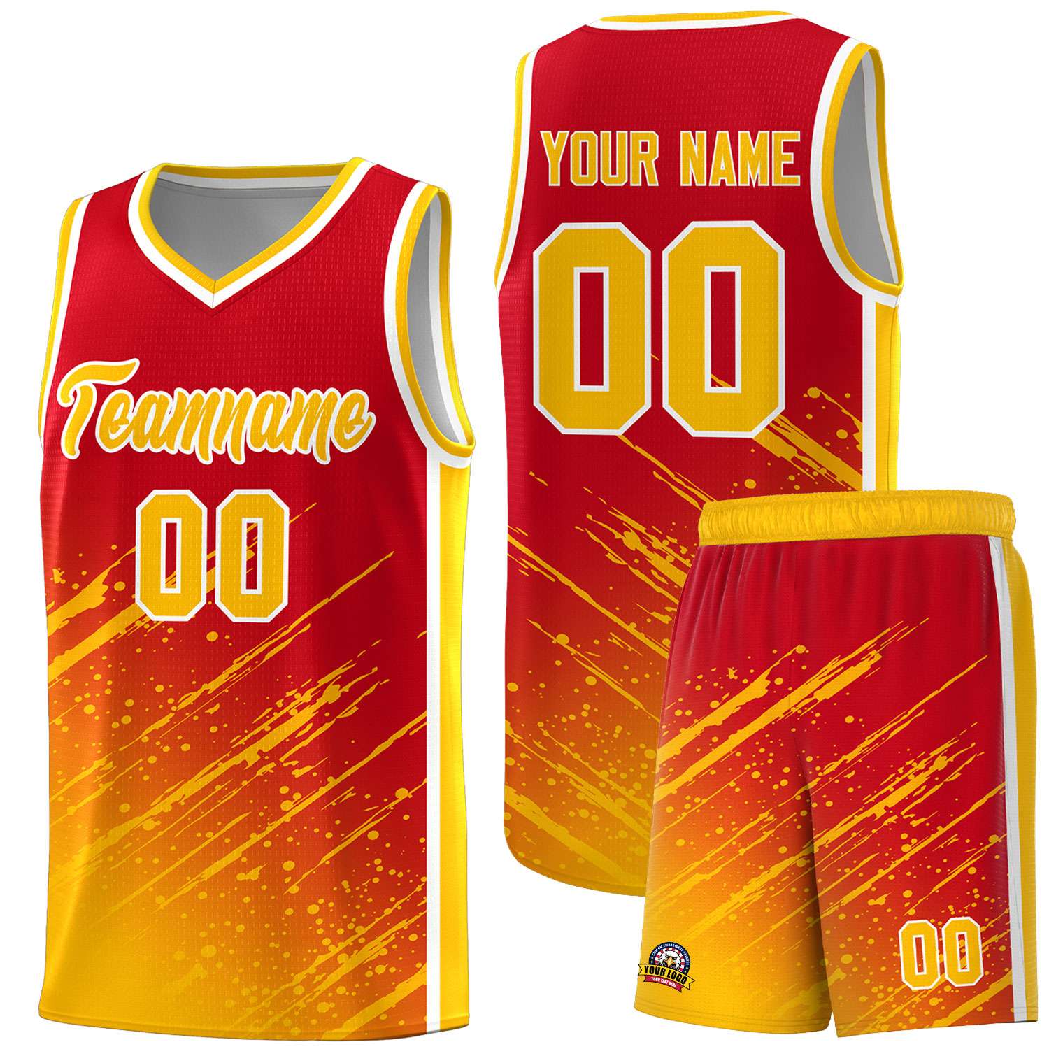 Custom Red Basketball Kits With Yellow Paint Graffiti