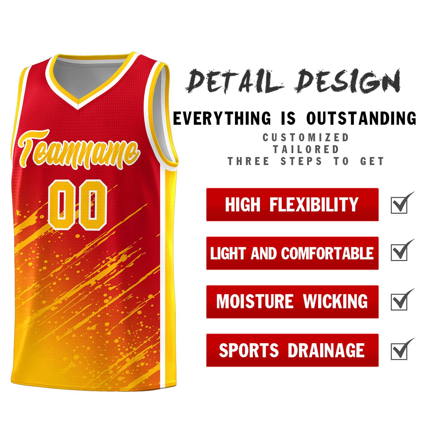 Custom Red Basketball Kits With Yellow Paint Graffiti