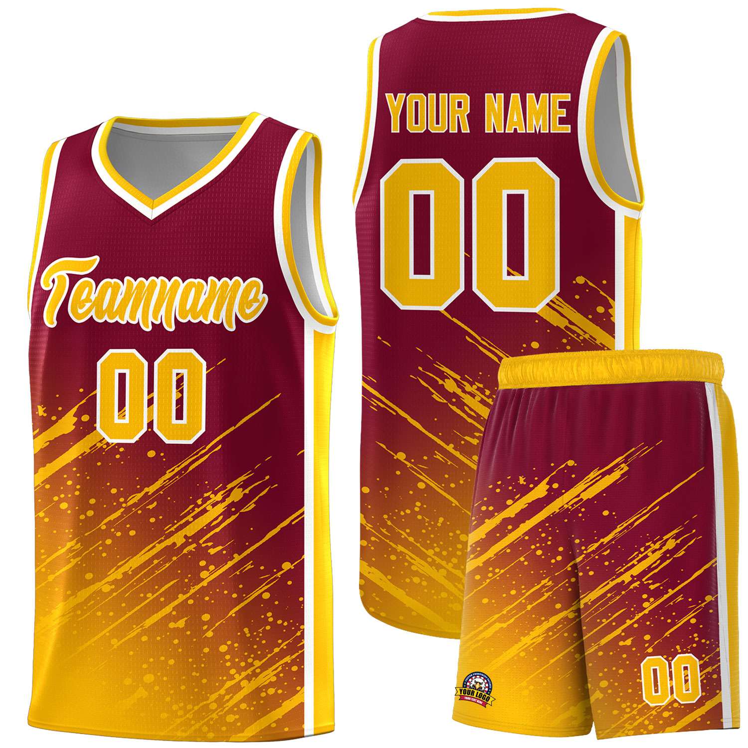 Custom Crimson Basketball Kits With Yellow Paint Graffiti