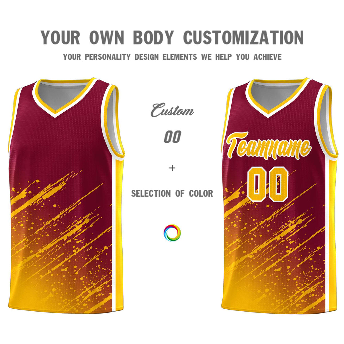 Custom Crimson Basketball Kits With Yellow Paint Graffiti