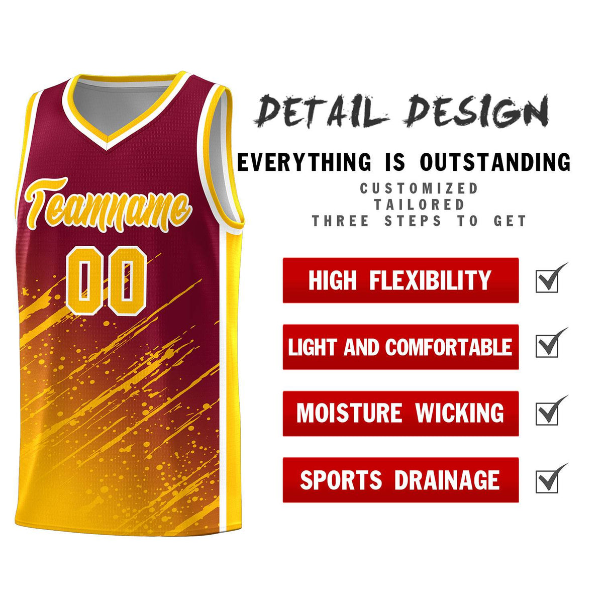 Custom Crimson Basketball Kits With Yellow Paint Graffiti