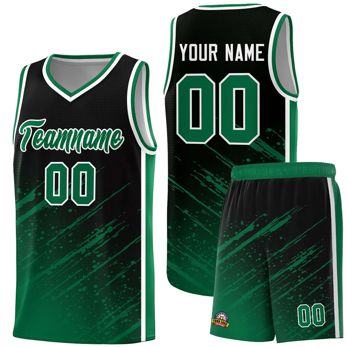 Custom Black Basketball Kits With Kelly Green Paint Graffiti