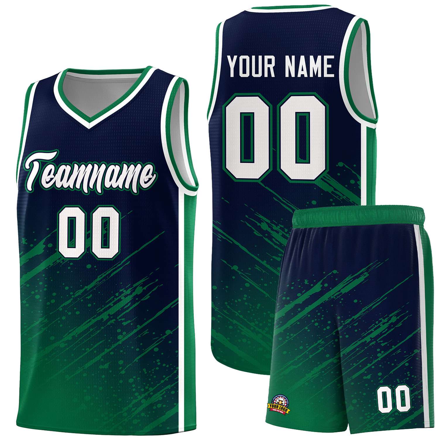 Custom Navy Basketball Kits With Kelly Green Paint Graffiti