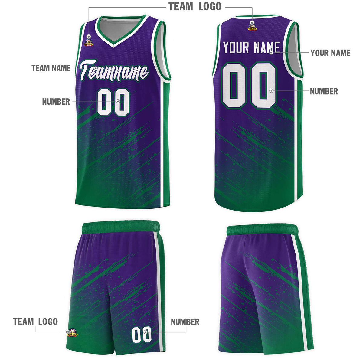 Custom Purple Basketball Kits With Kelly Green Paint Graffiti