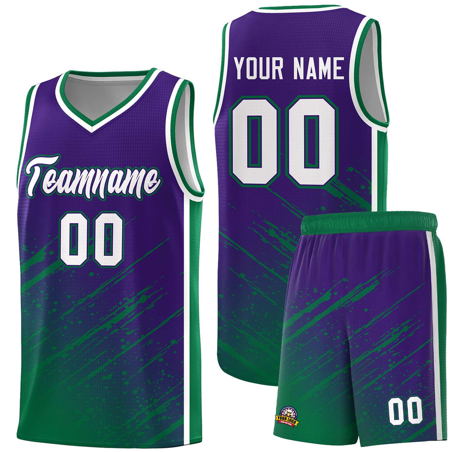 Custom Purple Basketball Kits With Kelly Green Paint Graffiti