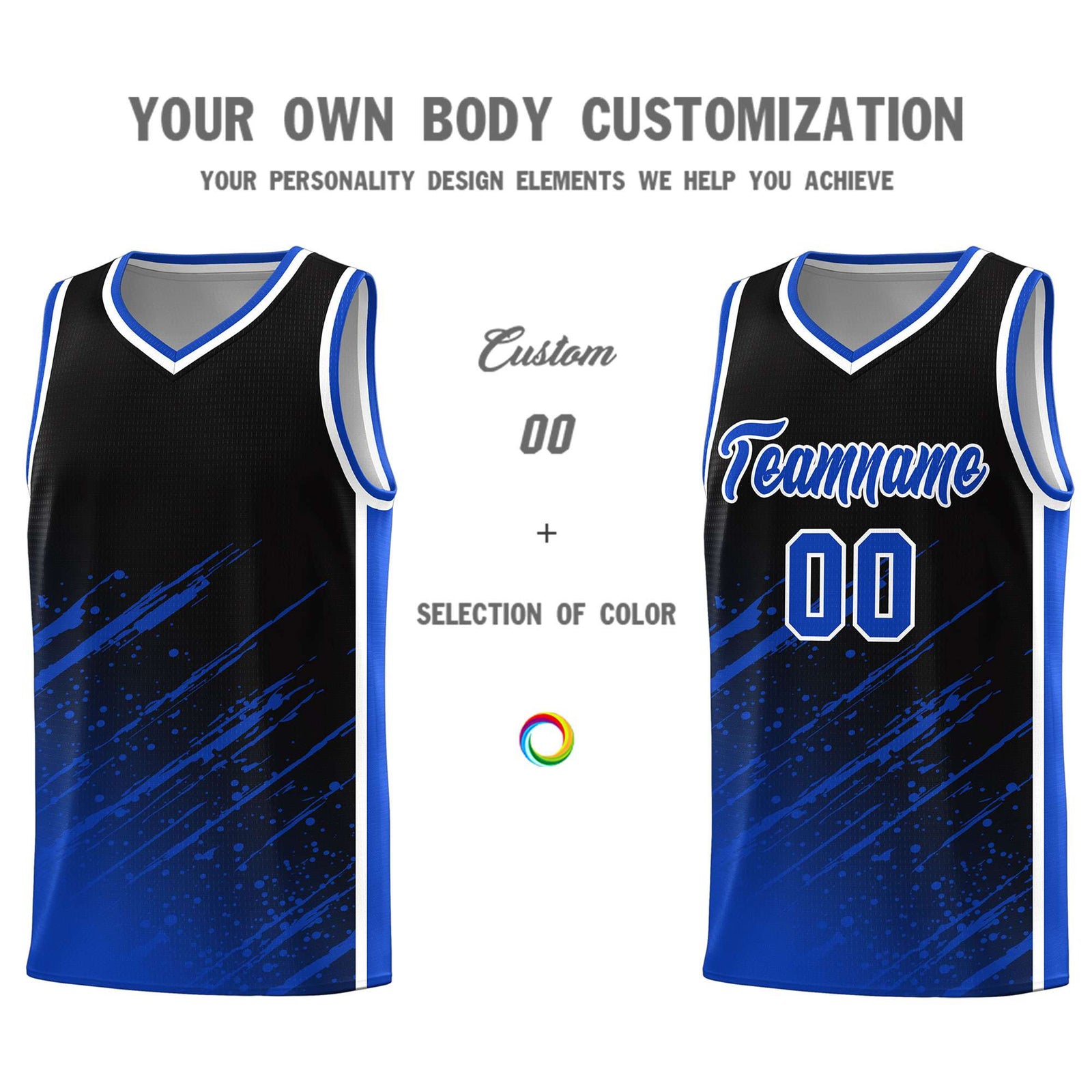 Custom Black Basketball Kits With Royal Paint Graffiti
