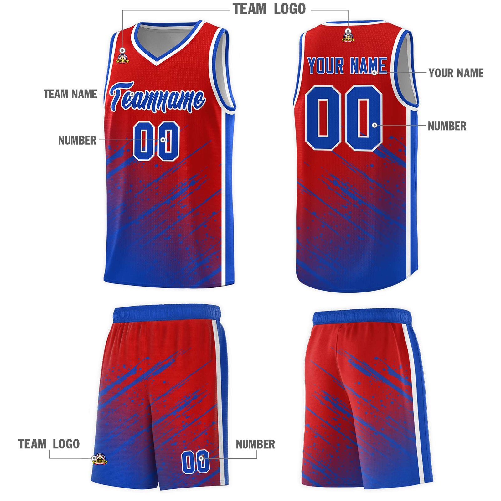 Custom Red Basketball Kits With Royal Paint Graffiti