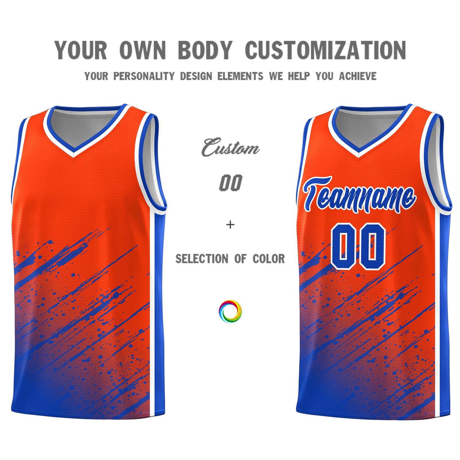 Custom Orange Basketball Kits With Royal Paint Graffiti