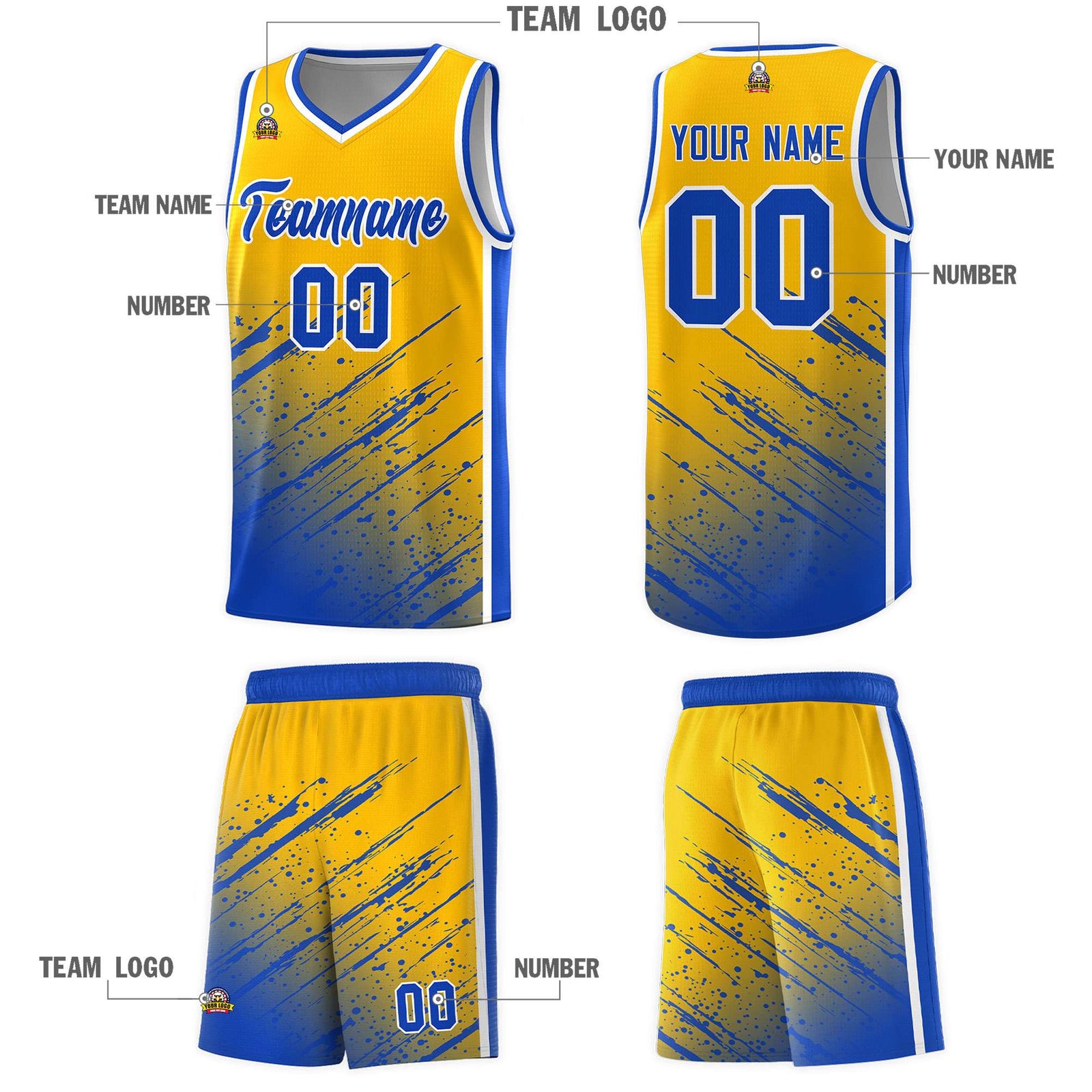 Custom Yellow Basketball Kits With Royal Paint Graffiti