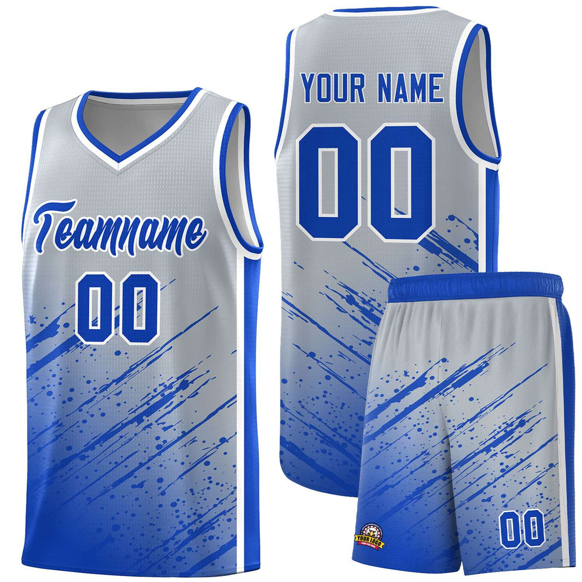 Custom Gray Basketball Kits With Royal Paint Graffiti