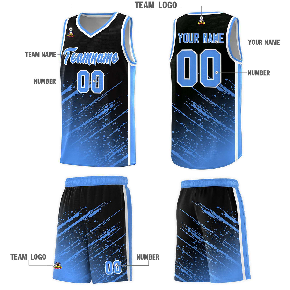Custom Black Basketball Kits With Powder Blue Paint Graffiti
