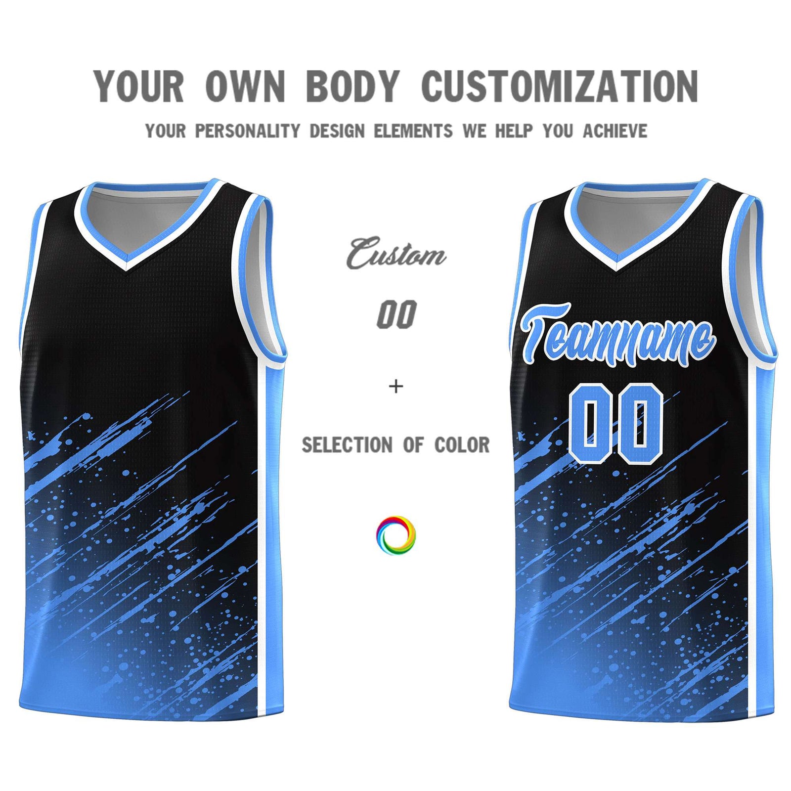 Custom Black Basketball Kits With Powder Blue Paint Graffiti