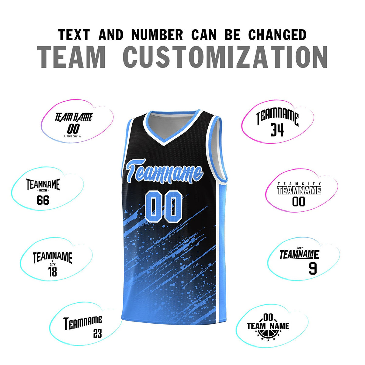 Custom Black Basketball Kits With Powder Blue Paint Graffiti