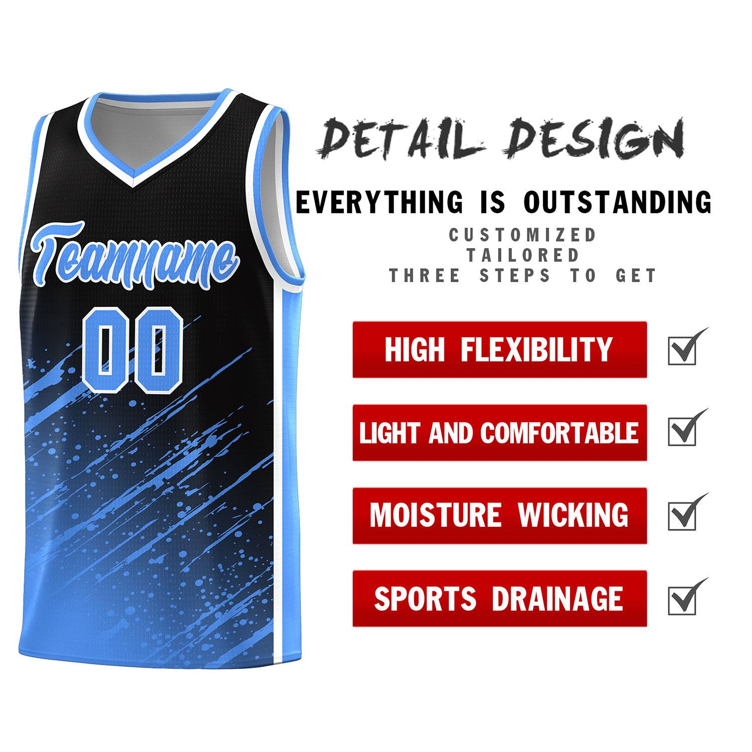 Custom Black Basketball Kits With Powder Blue Paint Graffiti