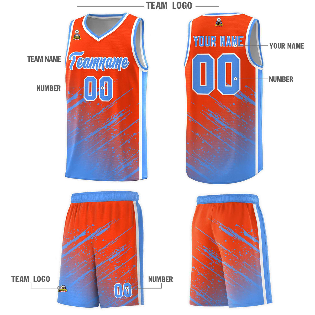 Custom Orange Basketball Kits With Powder Blue Paint Graffiti