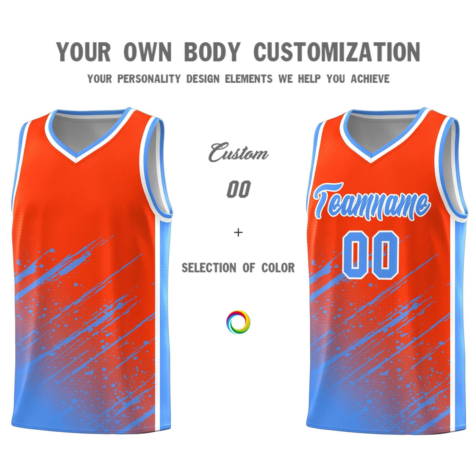 Custom Orange Basketball Kits With Powder Blue Paint Graffiti